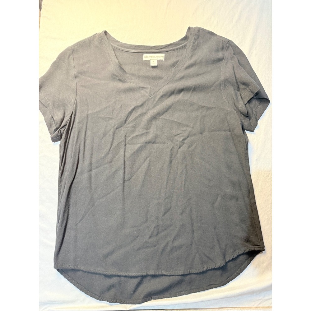 Alexander Jordan Womens V-Neck Short Sleeve Rayon Top Black High-Low Hem Large‎